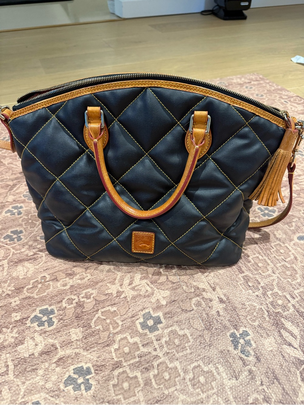 Vintage Dooney & Bourke Quilted Dark Brown Leather Satchel with Tan Trim
